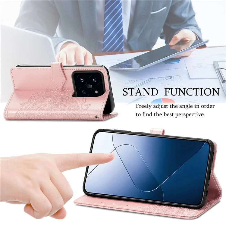 For Xiaomi 14T Pro Case Mandala Embossed Design Leather Wallet Phone Cover - Rose Gold