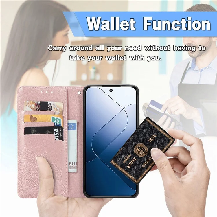 For Xiaomi 14T Pro Case Mandala Embossed Design Leather Wallet Phone Cover - Rose Gold