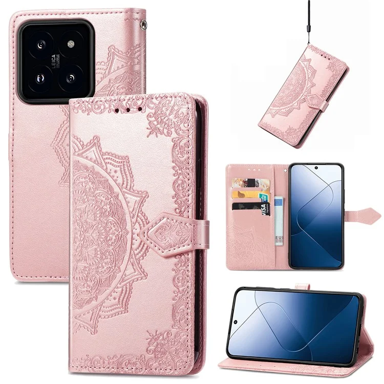 For Xiaomi 14T Pro Case Mandala Embossed Design Leather Wallet Phone Cover - Rose Gold