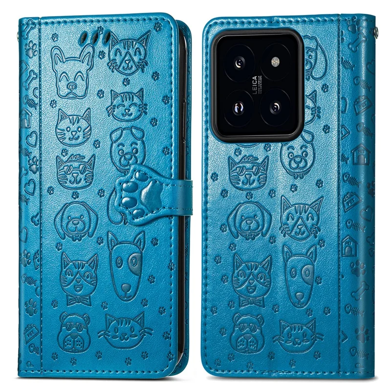 For Xiaomi 14T Pro Leather Wallet Case Flip Phone Cover with Cute Cat Dog Pattern - Blue