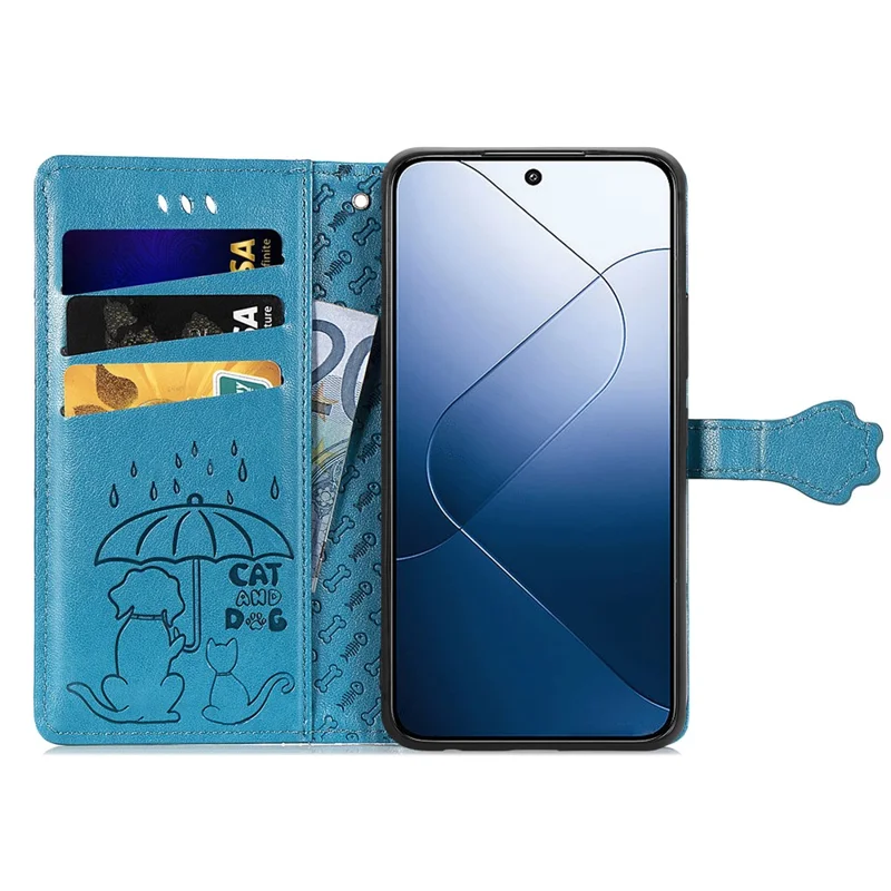 For Xiaomi 14T Pro Leather Wallet Case Flip Phone Cover with Cute Cat Dog Pattern - Blue