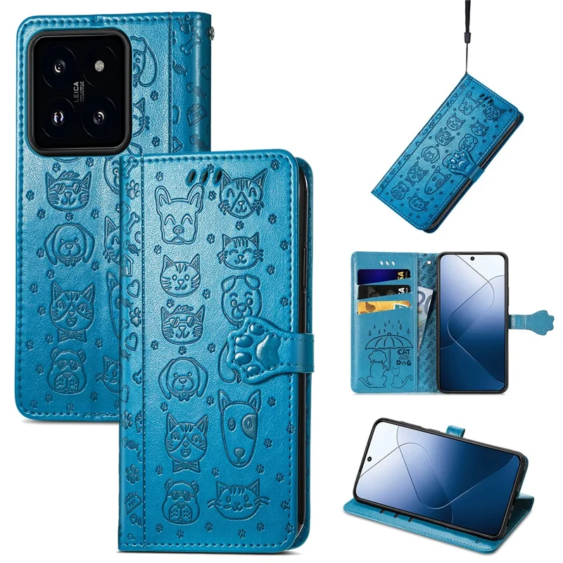 For Xiaomi 14T Pro Leather Wallet Case Flip Phone Cover with Cute Cat Dog Pattern - Blue