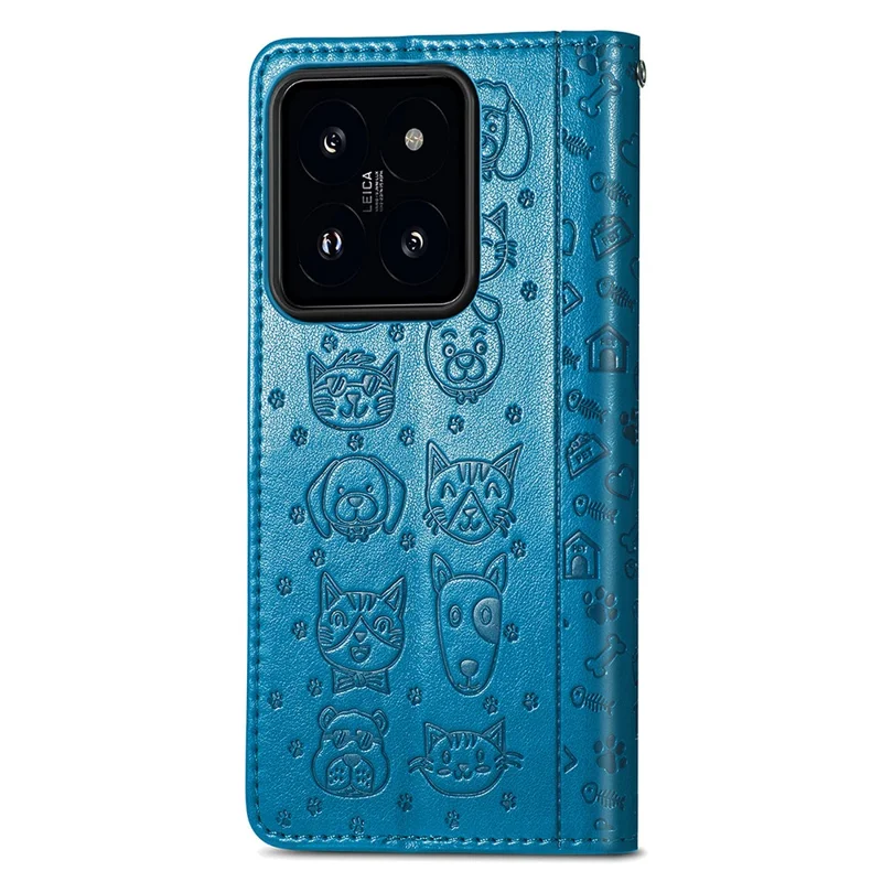 For Xiaomi 14T Pro Leather Wallet Case Flip Phone Cover with Cute Cat Dog Pattern - Blue