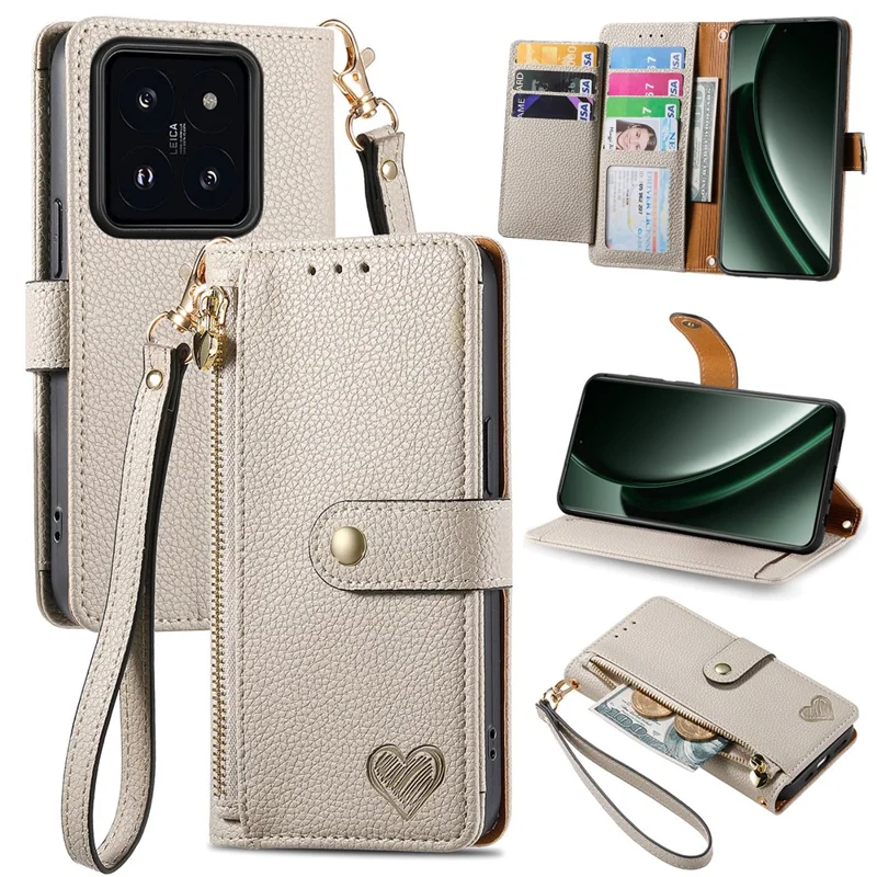 For Xiaomi 14T Pro Case RFID Blocking Zipper Pocket Leather Wallet Phone Cover with Strap - Grey