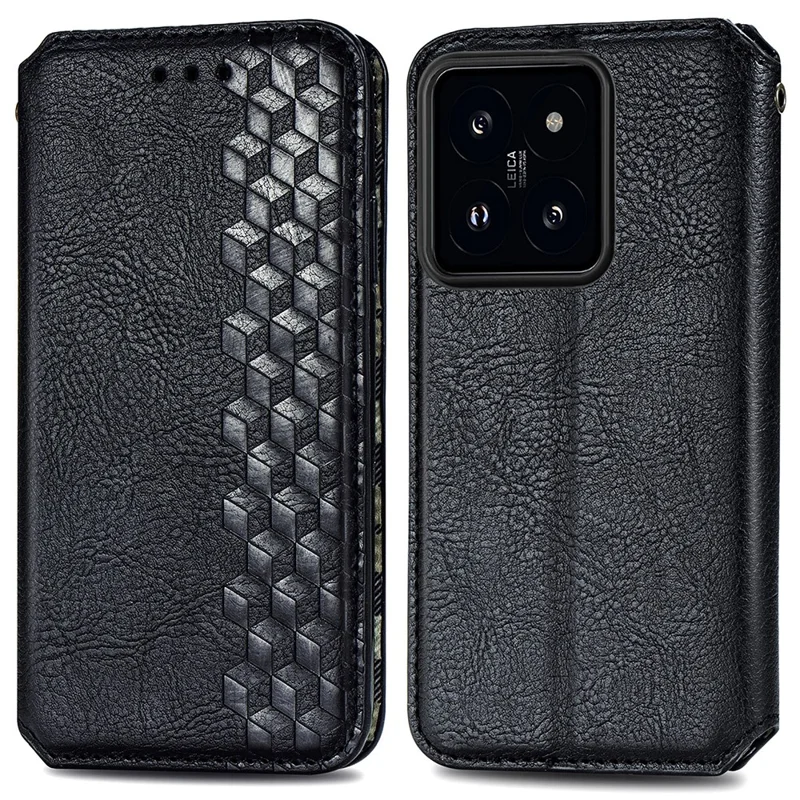 For Xiaomi 14T PU Leather Case Rhombus Imprint Wallet Stand Phone Cover - Black