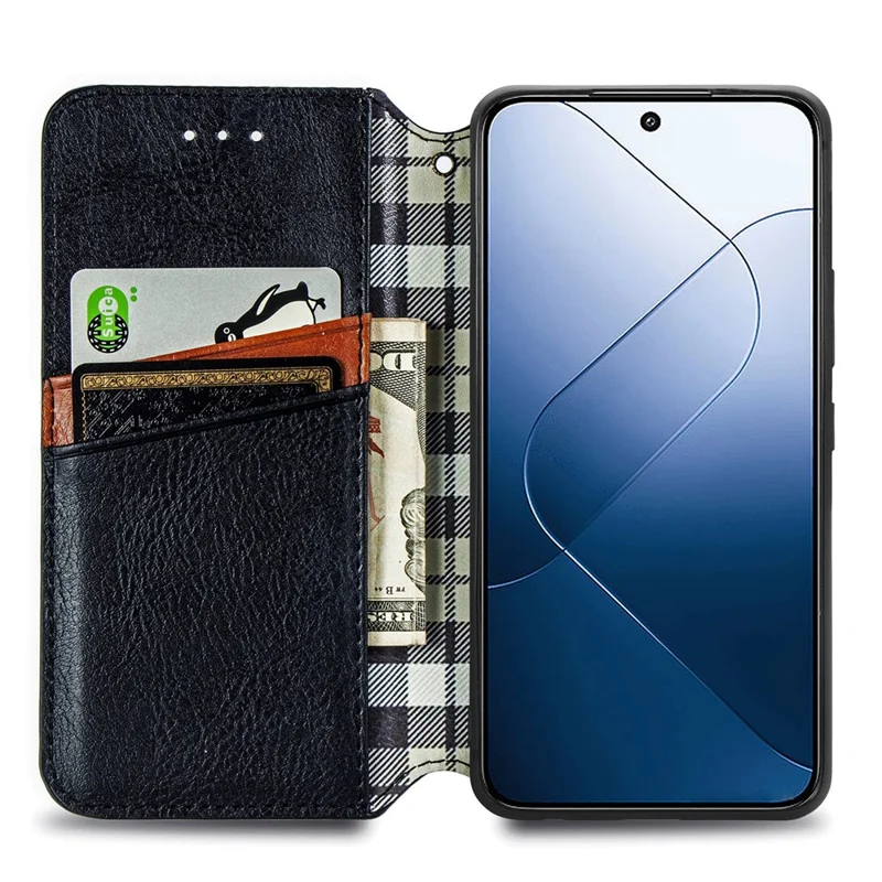 For Xiaomi 14T PU Leather Case Rhombus Imprint Wallet Stand Phone Cover - Black