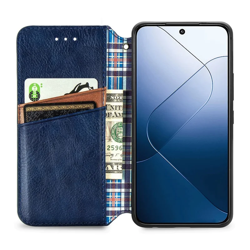 For Xiaomi 14T PU Leather Case Rhombus Imprint Wallet Stand Phone Cover - Blue