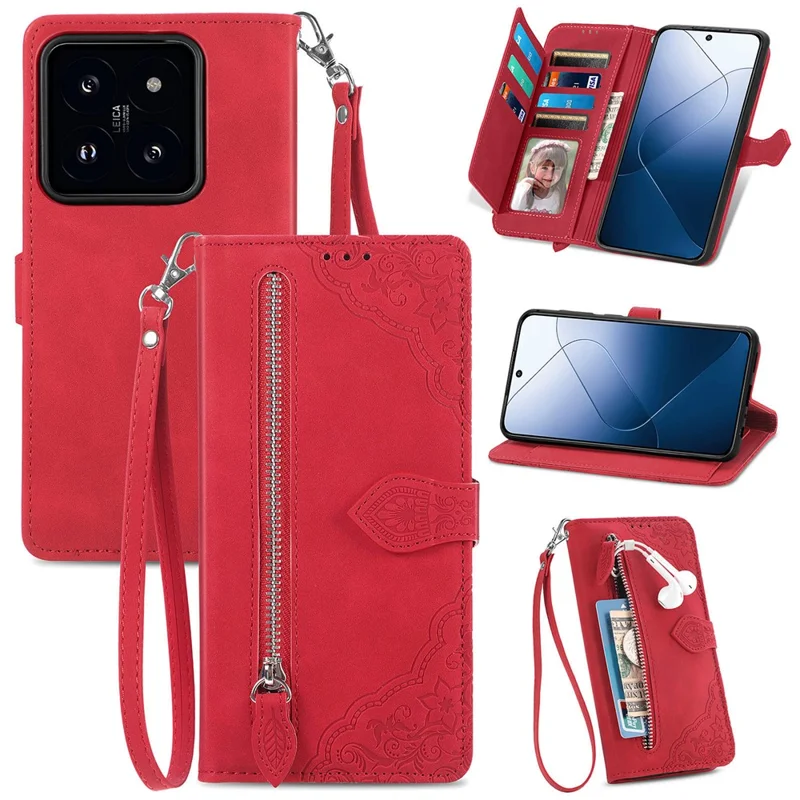 For Xiaomi 14T Zipper Wallet Case with Strap Flower Imprint PU Leather Phone Cover - Red