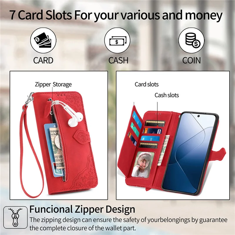 For Xiaomi 14T Zipper Wallet Case with Strap Flower Imprint PU Leather Phone Cover - Red