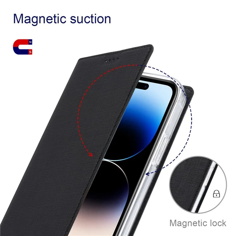 VILI DMX Series for iPhone 14 Pro PU Leather Magnetic Auto-absorbed Case Stand Feature Card Slot Folio Cover - Black
