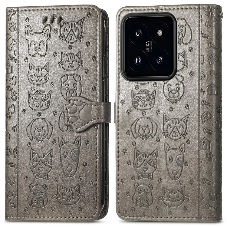 Per Xiaomi 14T Case Leather Wallet Flip Cover Del Telefono Carino Cat Dog Pattern - Grigio