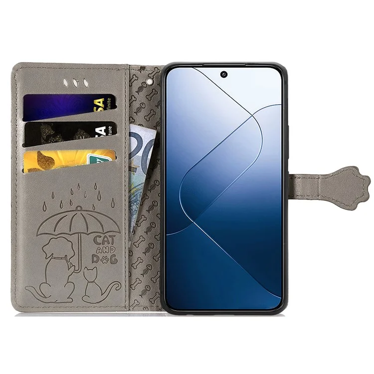 Per Xiaomi 14T Case Leather Wallet Flip Cover Del Telefono Carino Cat Dog Pattern - Grigio