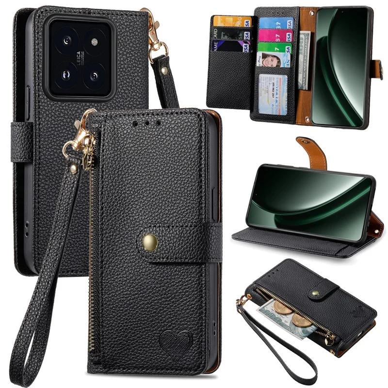 Für Xiaomi 14T -hülle RFID Blockierende Reißverschluss -pocket -leder -brieftaschen -telefonabdeckung - Schwarz