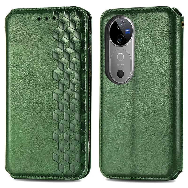 For vivo V40 5G PU Leather Case Rhombus Imprint Wallet Stand Phone Cover - Green