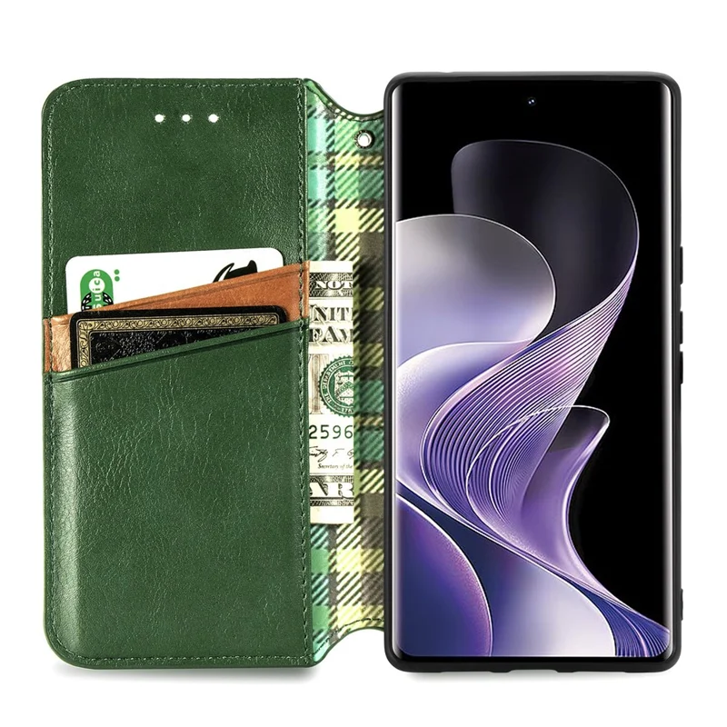 For vivo V40 5G PU Leather Case Rhombus Imprint Wallet Stand Phone Cover - Green