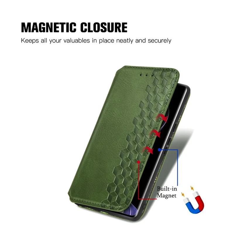 For vivo V40 5G PU Leather Case Rhombus Imprint Wallet Stand Phone Cover - Green