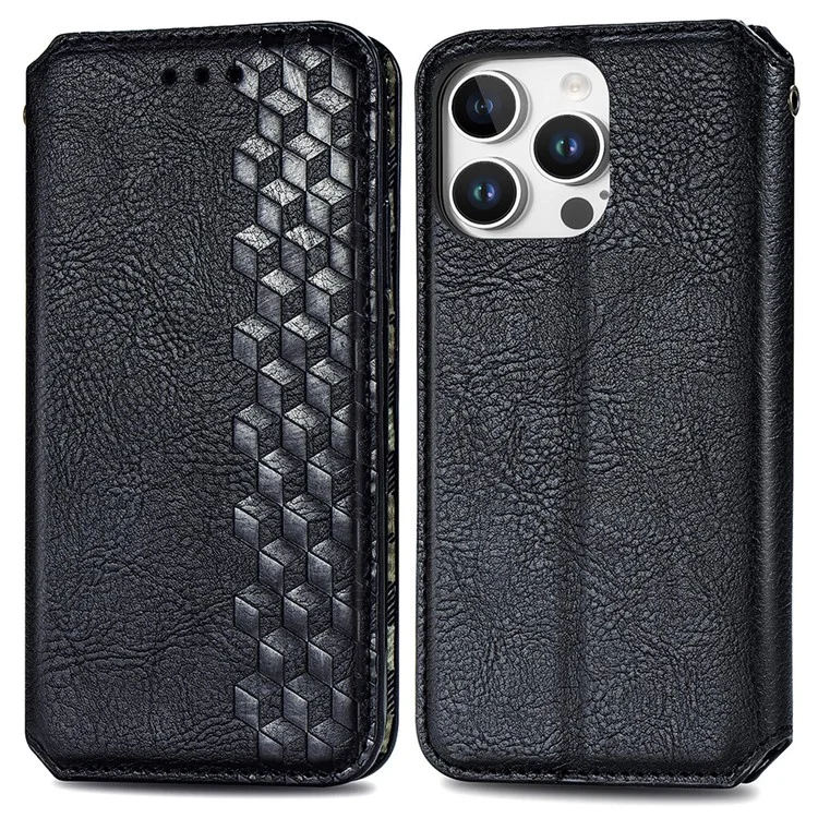 Para iPhone 16 Pro Max Case Rhombus Imprint PU Leather Wallet Phone Cover - Black