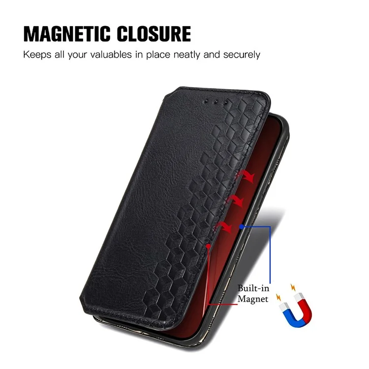 Para iPhone 16 Pro Max Case Rhombus Imprint PU Leather Wallet Phone Cover - Black