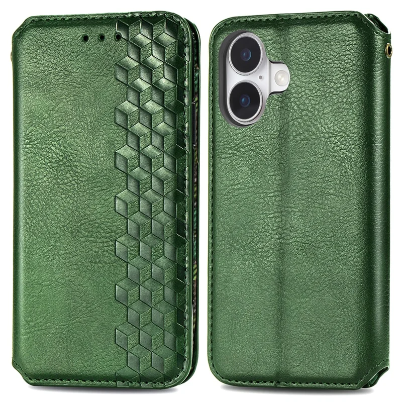 For iPhone 16 Plus PU Leather Case Rhombus Imprint Wallet Stand Phone Cover - Green