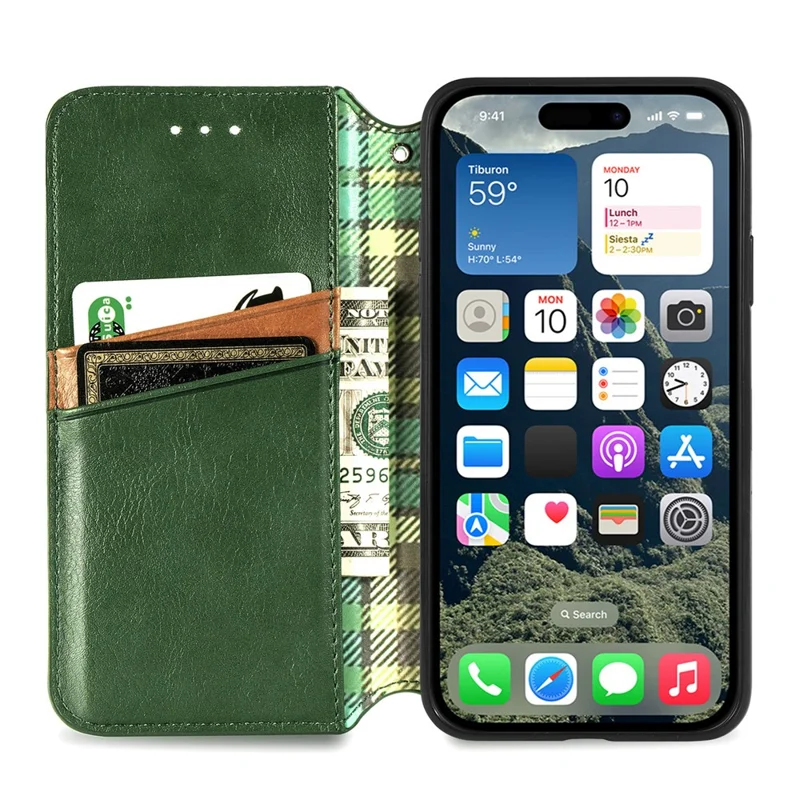 For iPhone 16 Plus PU Leather Case Rhombus Imprint Wallet Stand Phone Cover - Green