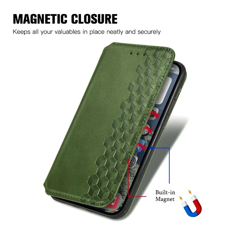 For iPhone 16 Plus PU Leather Case Rhombus Imprint Wallet Stand Phone Cover - Green