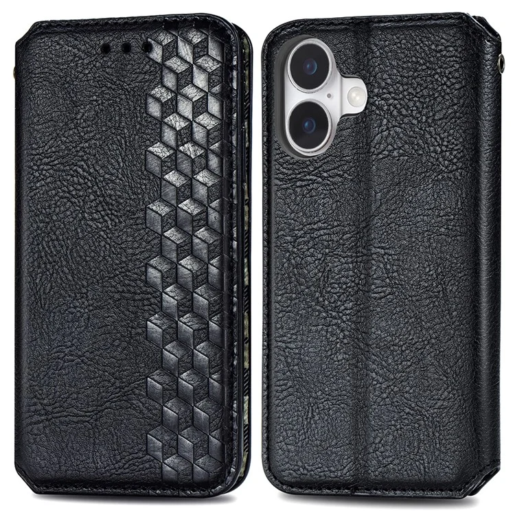 Capa para iPhone 16 Rhombus Imprint PU Leather Wallet Phone Cover - Black