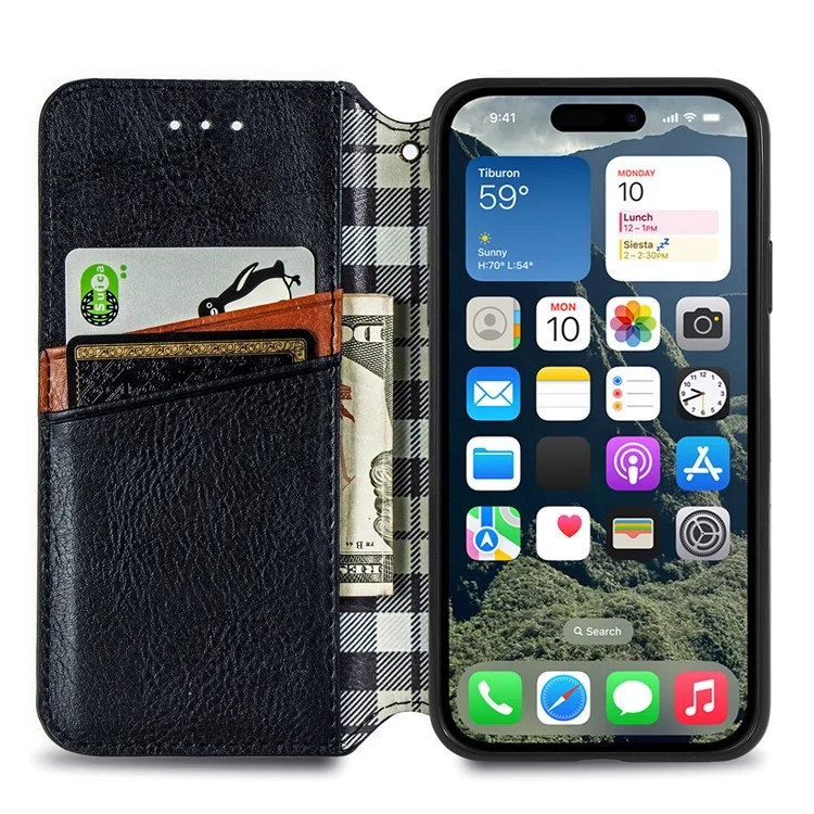 Capa para iPhone 16 Rhombus Imprint PU Leather Wallet Phone Cover - Black