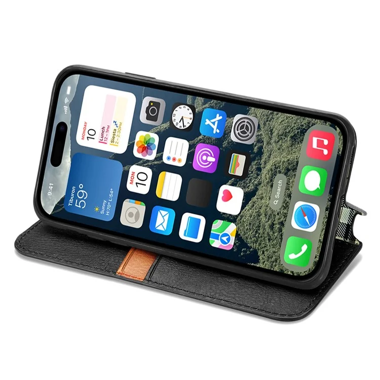 Capa para iPhone 16 Rhombus Imprint PU Leather Wallet Phone Cover - Black