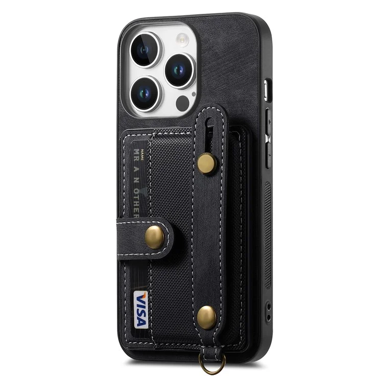 D9 Pour Iphone 16 Pro Max Case Wristband Kickstand PU Leather Retro Back Cover Carte - Noir