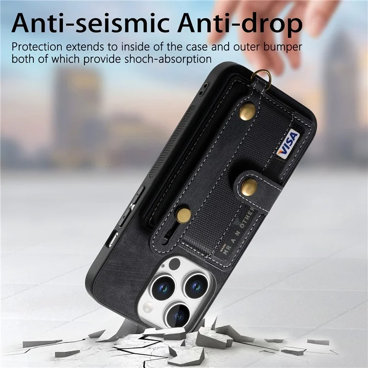 D9 Pour Iphone 16 Pro Max Case Wristband Kickstand PU Leather Retro Back Cover Carte - Noir