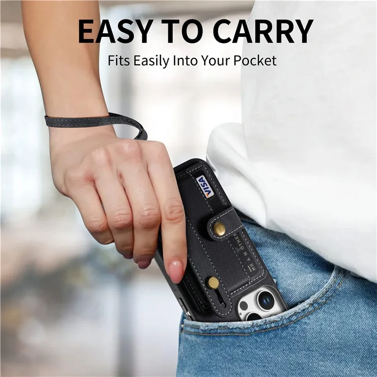 D9 Pour Iphone 16 Pro Max Case Wristband Kickstand PU Leather Retro Back Cover Carte - Noir