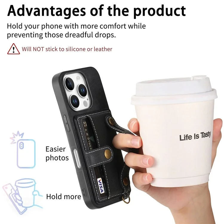 D9 Pour Iphone 16 Pro Max Case Wristband Kickstand PU Leather Retro Back Cover Carte - Noir