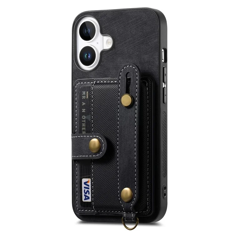 D9 Pour Iphone 16 Plus Case Brois-braveute PU Leather Retro Back Cover Carte Solder - Noir