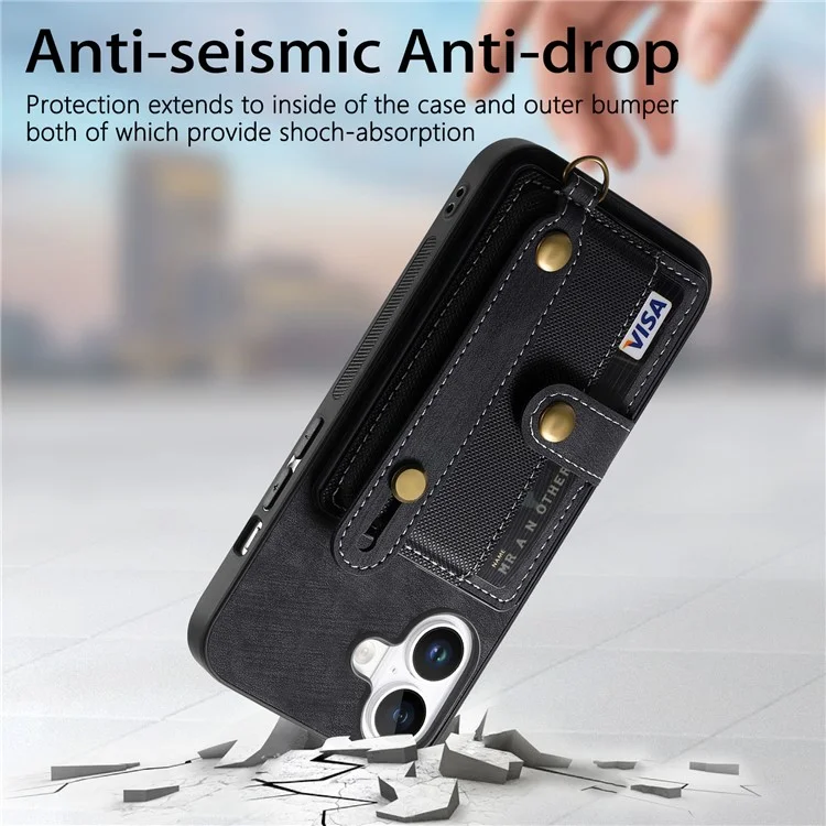 D9 Pour Iphone 16 Plus Case Brois-braveute PU Leather Retro Back Cover Carte Solder - Noir