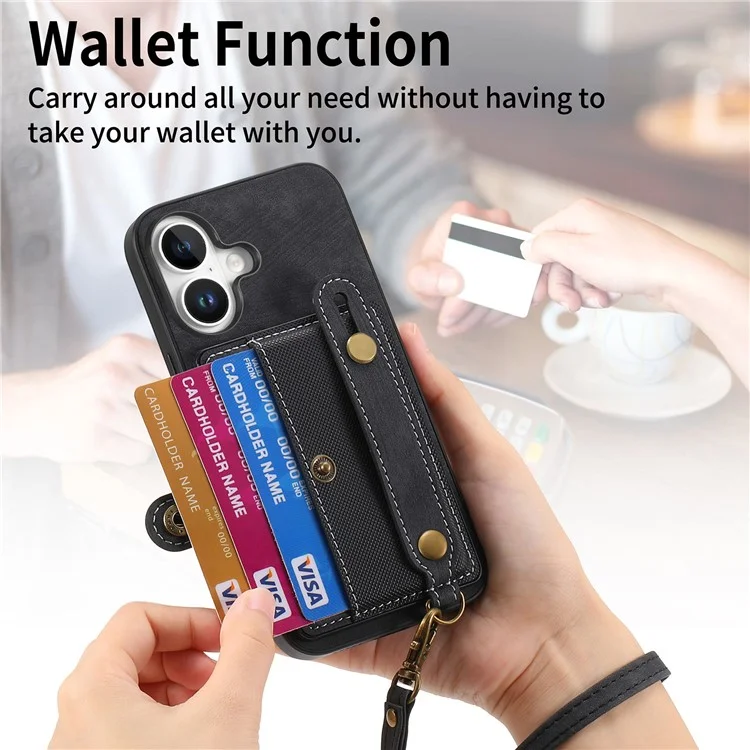 D9 Pour Iphone 16 Plus Case Brois-braveute PU Leather Retro Back Cover Carte Solder - Noir