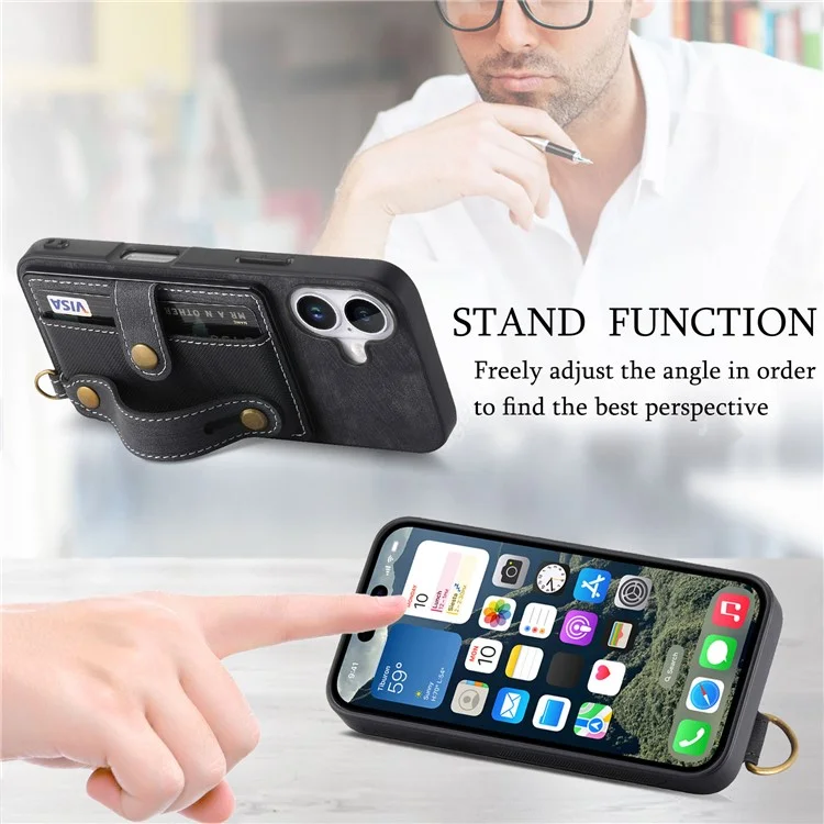 D9 Pour Iphone 16 Plus Case Brois-braveute PU Leather Retro Back Cover Carte Solder - Noir