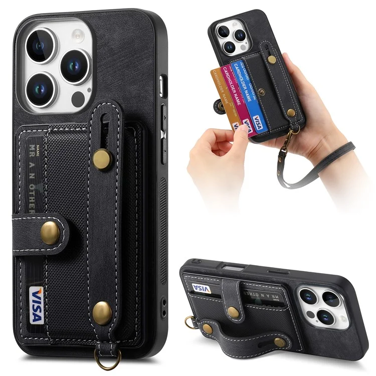 D9 Per Iphone 16 Pro Case Wristband Kickstand Porlo di Copertina Posteriore in Pelle Retrò Retrò - Nero