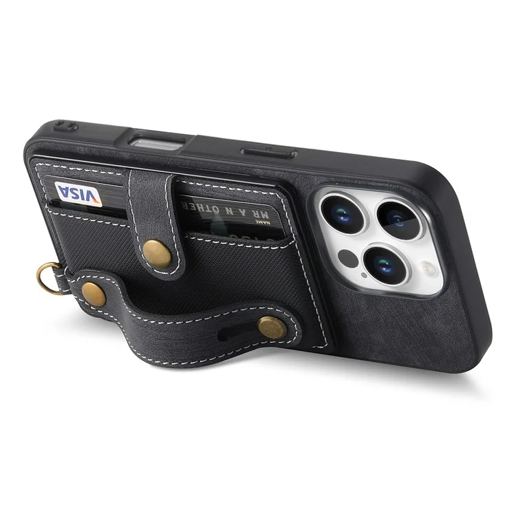D9 Per Iphone 16 Pro Case Wristband Kickstand Porlo di Copertina Posteriore in Pelle Retrò Retrò - Nero