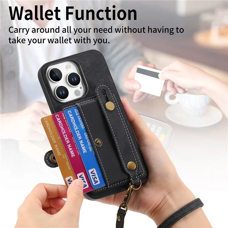 D9 Per Iphone 16 Pro Case Wristband Kickstand Porlo di Copertina Posteriore in Pelle Retrò Retrò - Nero