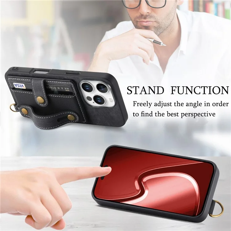 D9 Per Iphone 16 Pro Case Wristband Kickstand Porlo di Copertina Posteriore in Pelle Retrò Retrò - Nero