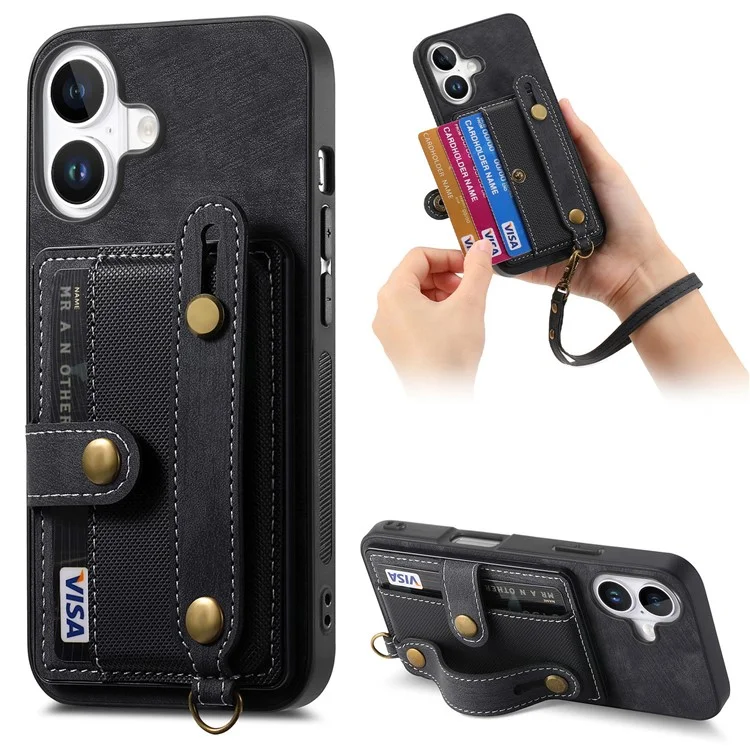 D9 Per Iphone 16 Case Wristband Kickstand Porlo di Copertina Posteriore Retrò in Pelle PU - Nero