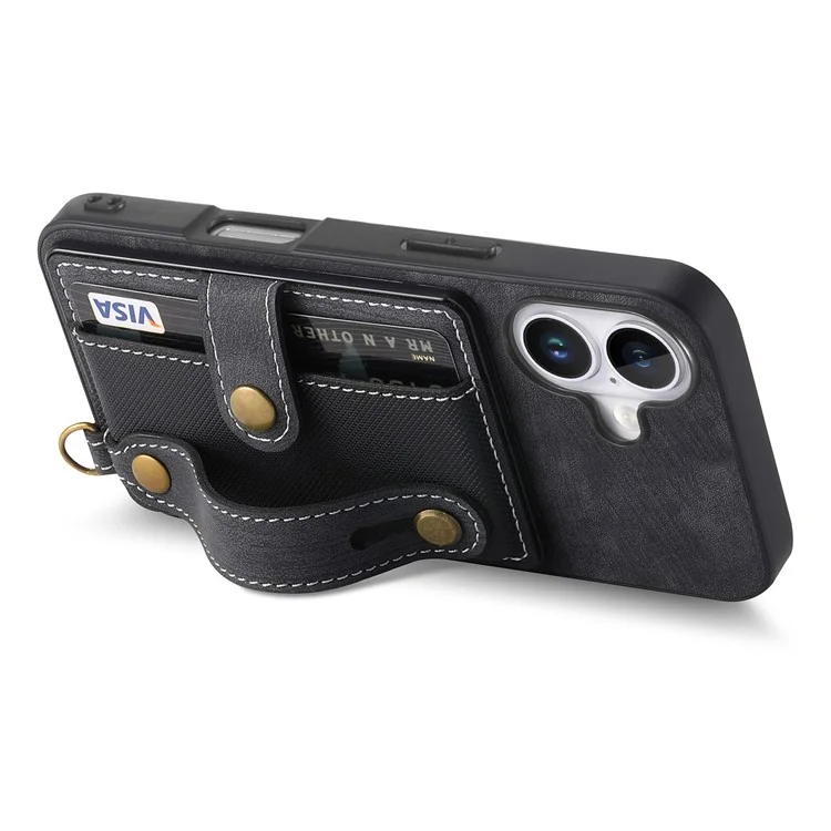D9 Per Iphone 16 Case Wristband Kickstand Porlo di Copertina Posteriore Retrò in Pelle PU - Nero
