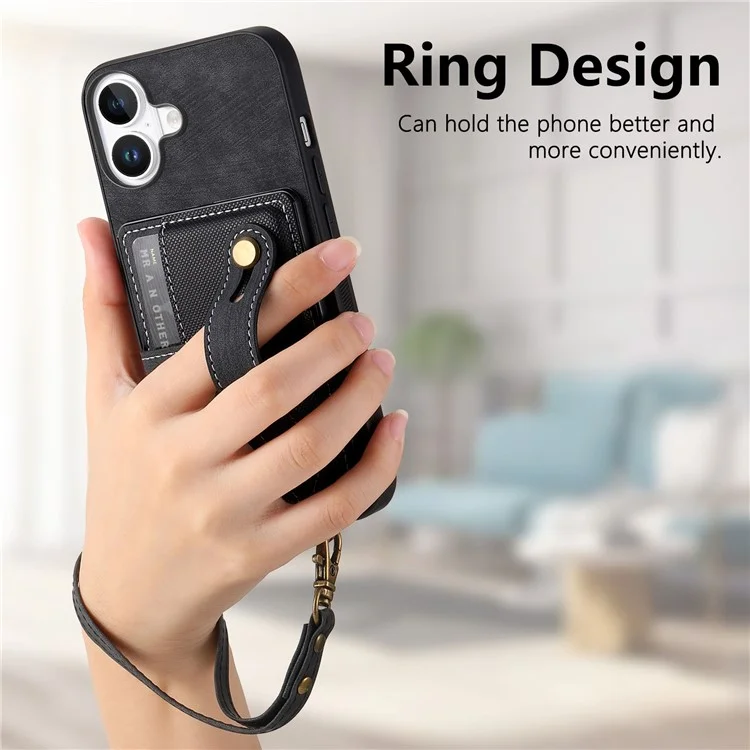 D9 Per Iphone 16 Case Wristband Kickstand Porlo di Copertina Posteriore Retrò in Pelle PU - Nero