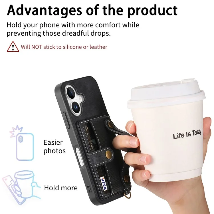 D9 Per Iphone 16 Case Wristband Kickstand Porlo di Copertina Posteriore Retrò in Pelle PU - Nero
