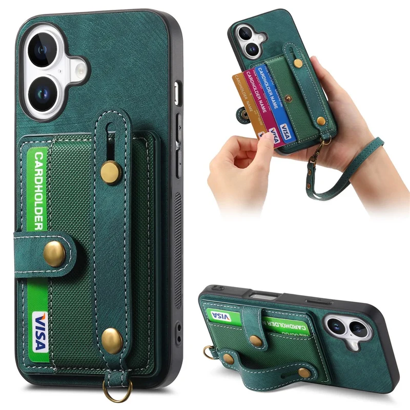 For iPhone 16 Case Wristband Kickstand PU Leather Retro Back Cover Card Holder - Green
