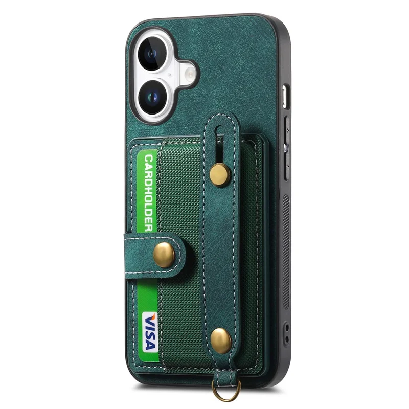 For iPhone 16 Case Wristband Kickstand PU Leather Retro Back Cover Card Holder - Green
