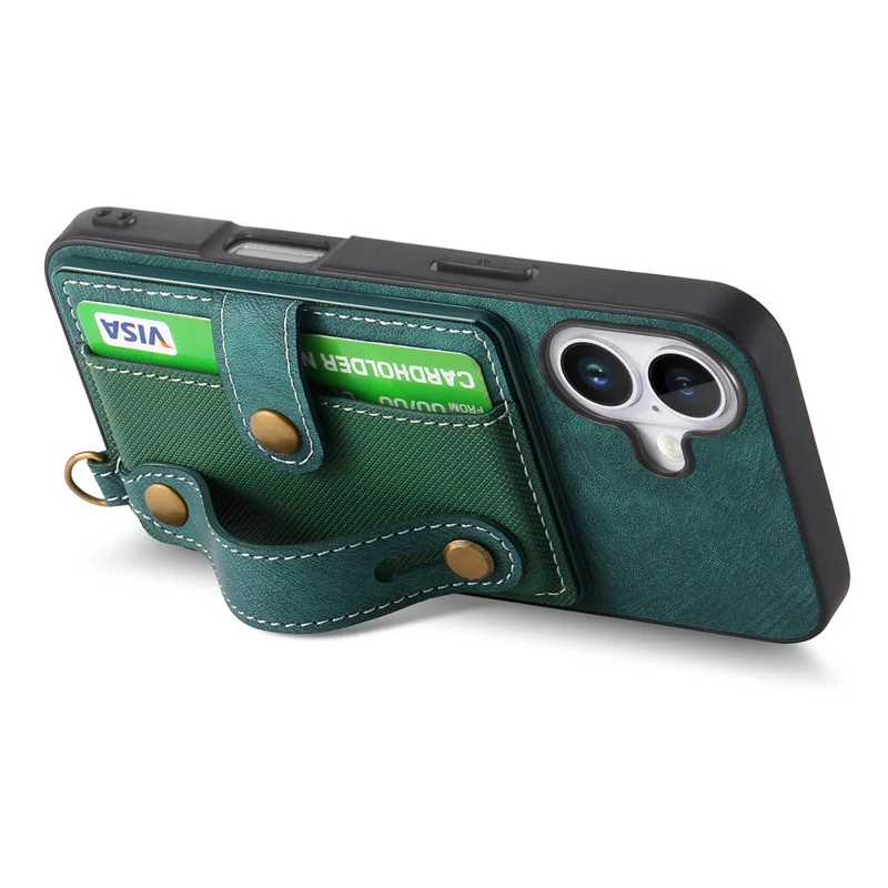 For iPhone 16 Case Wristband Kickstand PU Leather Retro Back Cover Card Holder - Green