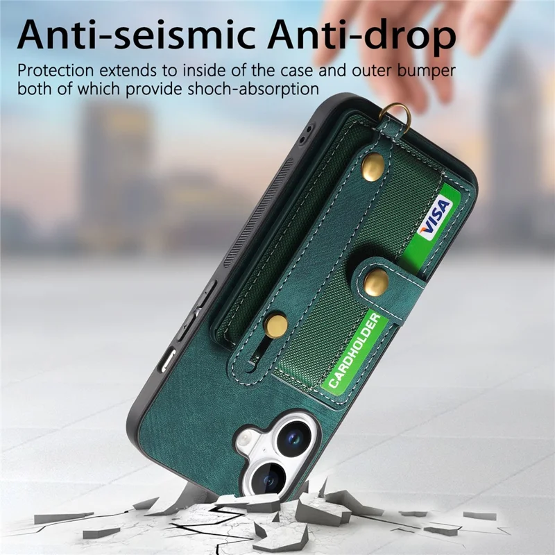 For iPhone 16 Case Wristband Kickstand PU Leather Retro Back Cover Card Holder - Green