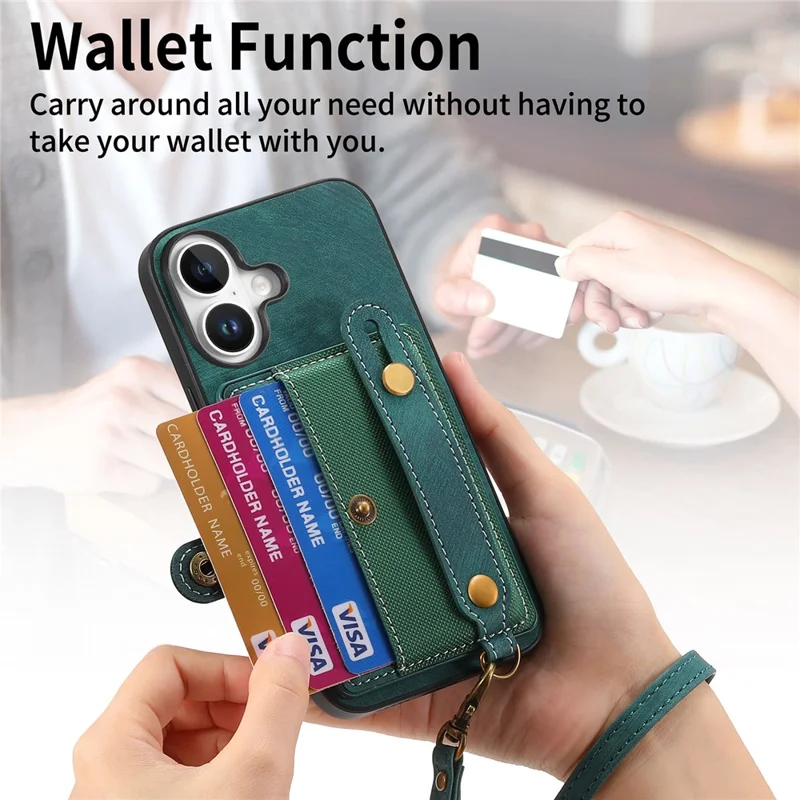 For iPhone 16 Case Wristband Kickstand PU Leather Retro Back Cover Card Holder - Green