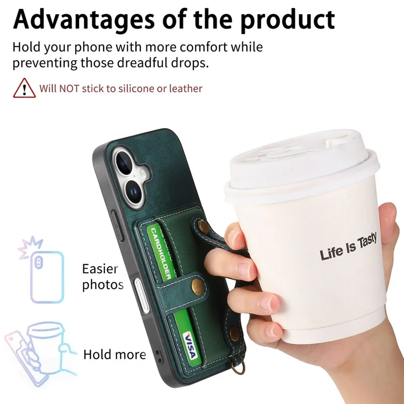 For iPhone 16 Case Wristband Kickstand PU Leather Retro Back Cover Card Holder - Green